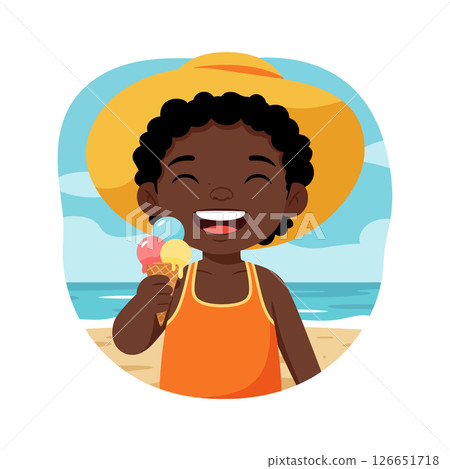 Happy child eating colorful ice cream on beach with sun hat summer vacation vector Happy child eating colorful ice cream on beach with sun hat summer vacation vector 126651718