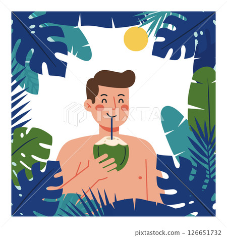 Man drinking fresh green coconut surrounded by tropical leaves and sun vector illustration Man drinking fresh green coconut surrounded by tropical leaves and sun vector illustration 126651732