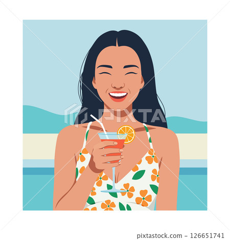 Smiling woman enjoying cocktail drink with orange slice in summer landscape vector 126651741
