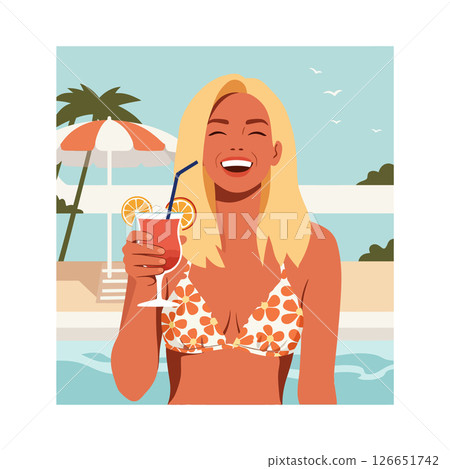 Woman enjoying tropical drink by pool in floral bikini with palm trees and beach background Woman enjoying tropical drink by pool in floral bikini with palm trees and beach background 126651742