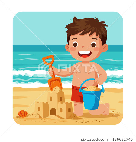 Boy Building Sandcastle on Beach with Blue Bucket and Orange Shovel Summer Scene 126651746