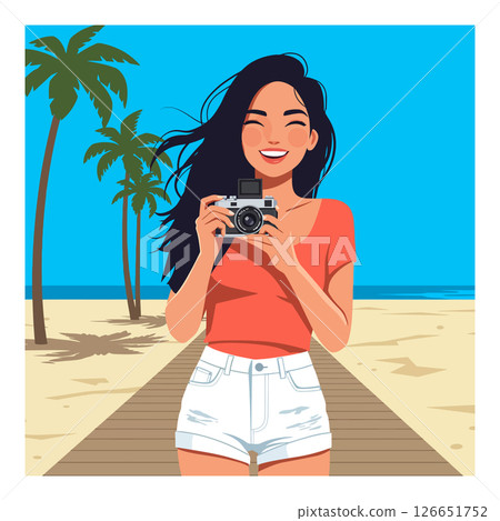 Young woman with camera on beach boardwalk summer vacation lifestyle illustration 126651752
