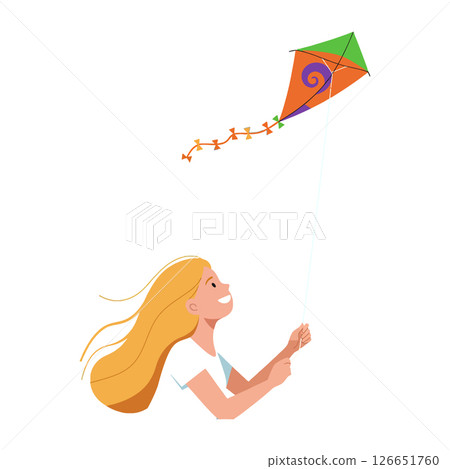 Girl flying colorful kite with orange and green design in clear sky vector illustration Girl flying colorful kite with orange and green design in clear sky vector illustration 126651760