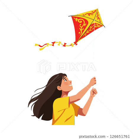 Girl flying red and yellow diamond-shaped kite with decorative patterns vector illustration Girl flying red and yellow diamond-shaped kite with decorative patterns vector illustration 126651761