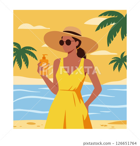 Woman in yellow dress with sun hat holding sunscreen bottle on tropical beach vector illustration Woman in yellow dress with sun hat holding sunscreen bottle on tropical beach vector illustration 126651764