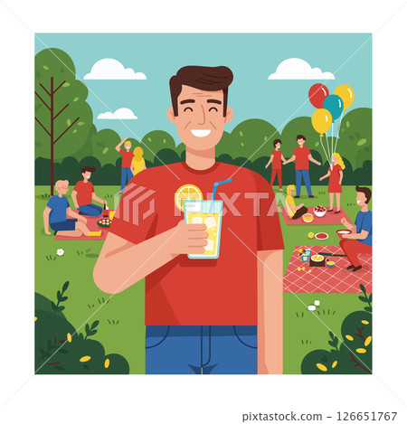 Man enjoying summer picnic with lemonade and friends outdoors in park vector illustration 126651767