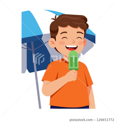 Boy eating green ice cream popsicle under blue umbrella summer vector illustration Boy eating green ice cream popsicle under blue umbrella summer vector illustration 126651772