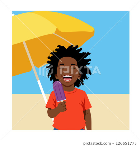 Child enjoying purple popsicle under yellow beach umbrella in summer sunny day vector illustration 126651773