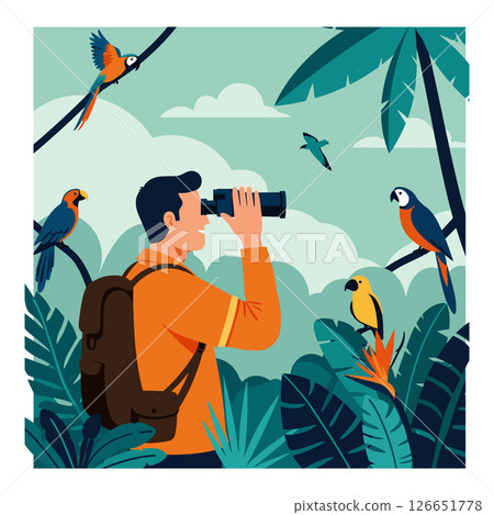 Birdwatcher observing colorful tropical birds in lush jungle with binoculars vector illustration 126651778