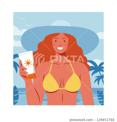 Woman in yellow bikini holding sunscreen lotion at beach with blue hat and palm trees vector illustration 126651788