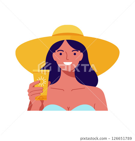 Woman with large yellow sunhat holding sunscreen lotion smiling vector illustration 126651789