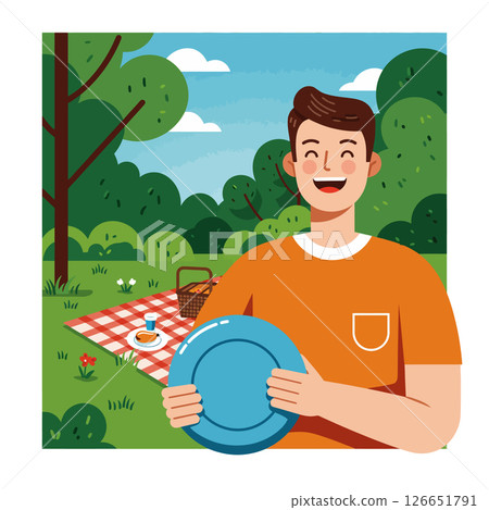 Man holding frisbee enjoying picnic outdoors in green park with blue sky and clouds vector illustration 126651791