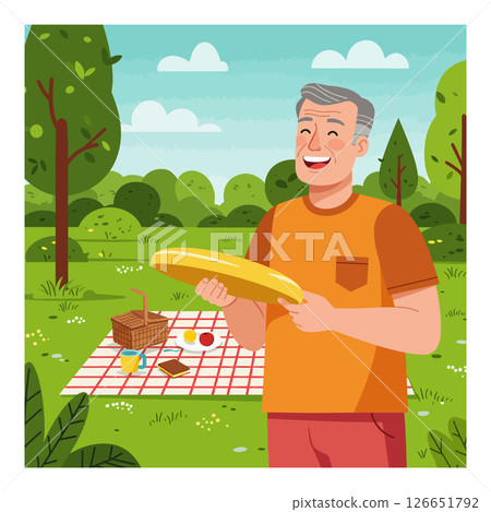 Elderly man enjoying picnic with baguette bread in green park outdoor scene 126651792