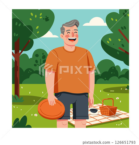 Man enjoying outdoor picnic holding frisbee in green park under blue sky vector 126651793