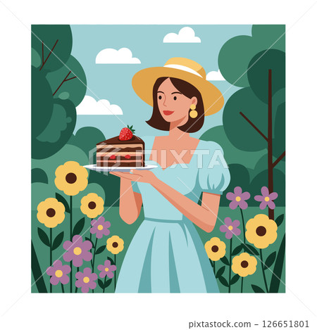 Woman in blue dress holding strawberry chocolate cake in garden with flowers vector illustration 126651801