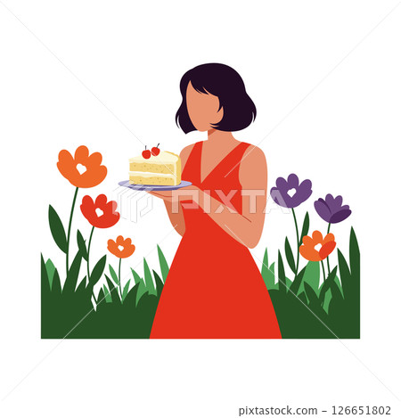Woman in red dress holding birthday cake with flowers background vector illustration 126651802