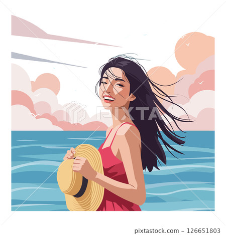 Young woman holding sunhat at seaside with windy hair and pastel sky vector illustration Young woman holding sunhat at seaside with windy hair and pastel sky vector illustration 126651803