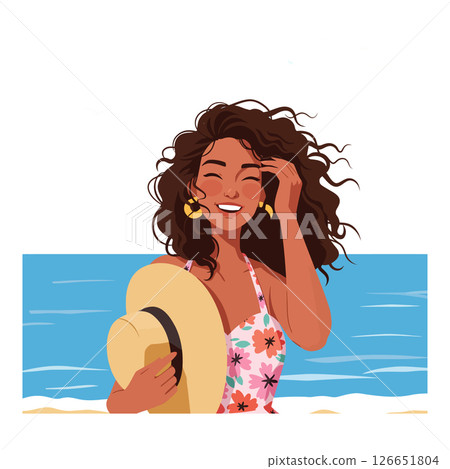 Woman enjoying summer beach day with floral swimsuit and sun hat vector illustration 126651804