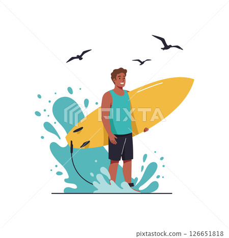 Surfer man with yellow surfboard standing near blue water splash and flying birds vector illustration 126651818
