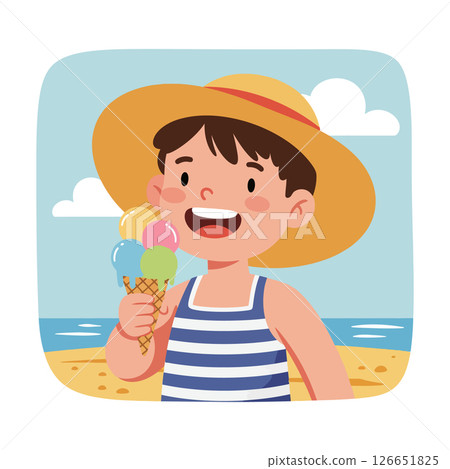 Happy boy eating colorful ice cream cones on beach summer day vector illustration 126651825
