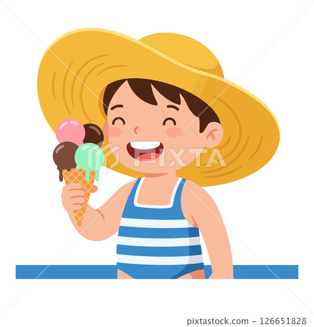 Happy boy in striped swimsuit and large sun hat eating colorful ice cream cone vector illustration Happy boy in striped swimsuit and large sun hat eating colorful ice cream cone vector illustration 126651828