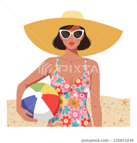 Woman in floral swimsuit holding beach ball wearing large sun hat and sunglasses vector illustration Woman in floral swimsuit holding beach ball wearing large sun hat and sunglasses vector illustration 126651836