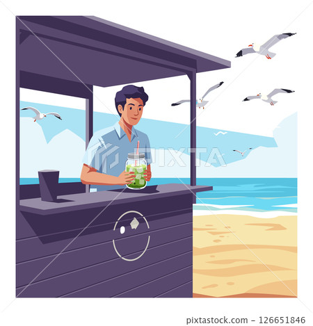 Young man serving refreshing drink at beach kiosk with seagulls flying vector illustration Young man serving refreshing drink at beach kiosk with seagulls flying vector illustration 126651846