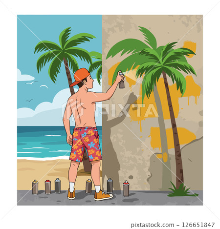 Male Graffiti Artist Painting Palm Tree Mural on Wall at Beach Scene Vector Illustration Male Graffiti Artist Painting Palm Tree Mural on Wall at Beach Scene Vector Illustration 126651847