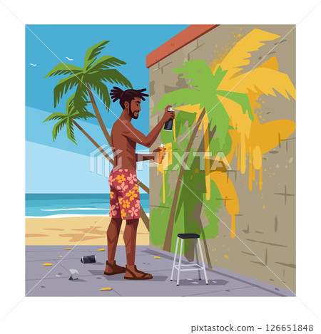 Man spray painting colorful graffiti art on wall by beach with palm trees vector illustration Man spray painting colorful graffiti art on wall by beach with palm trees vector illustration 126651848