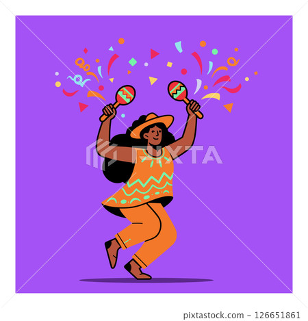 Woman Dancing with Maracas in Colorful Outfit on Purple Background Vector Illustration 126651861