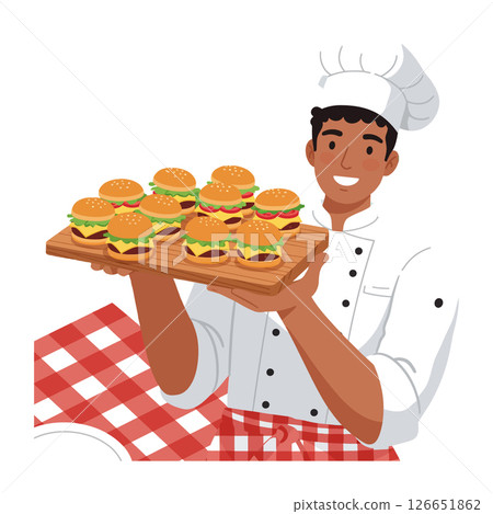 Chef holding tray with multiple cheeseburgers on checkered tablecloth vector illustration 126651862