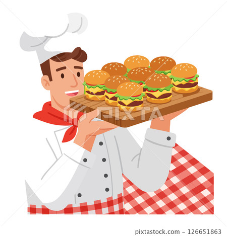 Chef holding tray with multiple cheeseburgers in kitchen setting vector illustration 126651863