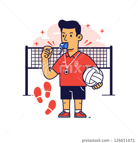 Volleyball referee blowing whistle holding ball in black shorts and red shirt vector illustration 126651872