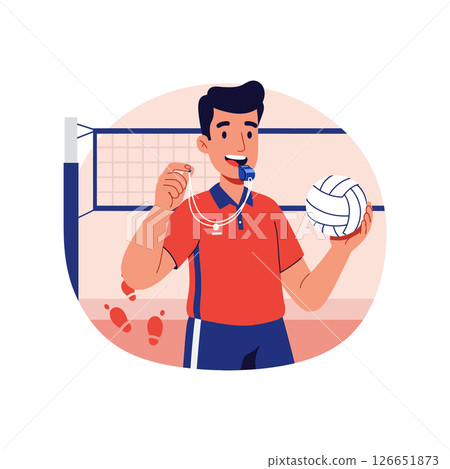 Volleyball player holding ball and whistle on court vector illustration for sport activity training 126651873
