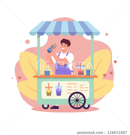 Bubble Tea Vendor Preparing Drinks at Street Cart with Colorful Awning and Cups 126651887