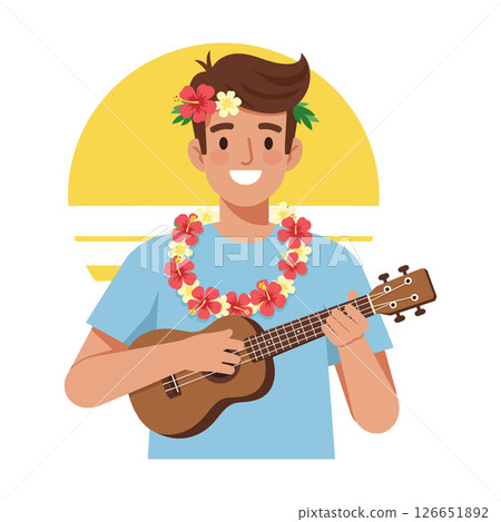 Young man playing ukulele with flower lei and tropical background vector illustration Young man playing ukulele with flower lei and tropical background vector illustration 126651892