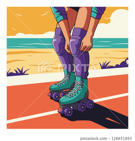 Person Wearing Purple Knee Pads and Teal Roller Skates on Beachside Path in Summer Person Wearing Purple Knee Pads and Teal Roller Skates on Beachside Path in Summer 126651893
