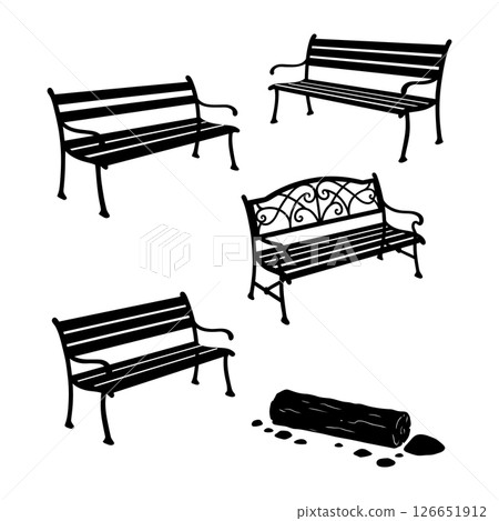 Ornate metal park benches and wooden log seating vector set with decorative details and shadows 126651912