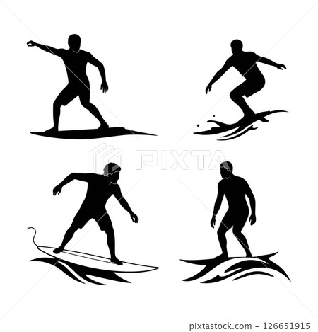 Surfer Silhouettes Riding Ocean Waves Vector Illustration in Black and White 126651915