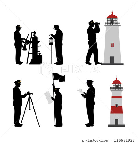 Lighthouse keeper silhouettes with tools and binoculars vector illustration in black and red colors 126651925
