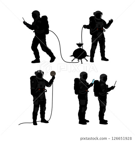 Silhouettes of astronauts with space probe and communication devices in vector illustration 126651928