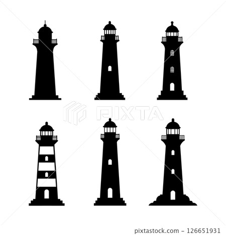 Collection of Six Different Black Lighthouse Silhouettes in Vector Illustration for Coastal Themes 126651931