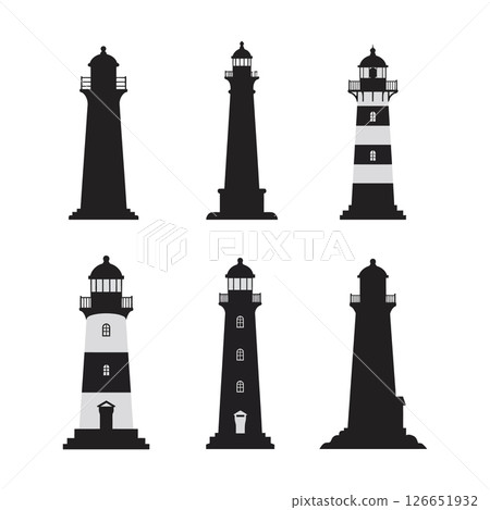 Lighthouse silhouette and striped lighthouse vector collection for nautical and coastal design 126651932