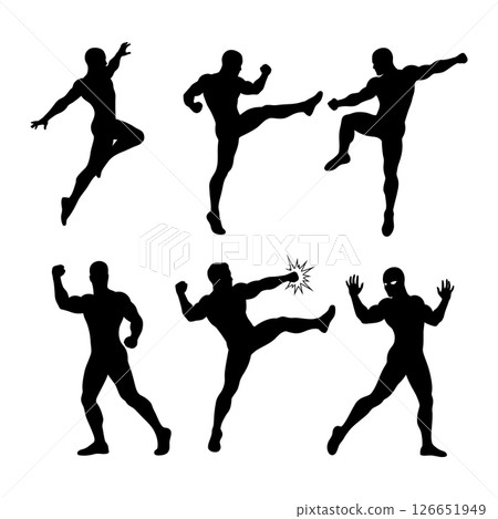 Silhouettes of Martial Arts Fighters in Various Dynamic Fighting Poses Vector Illustration 126651949