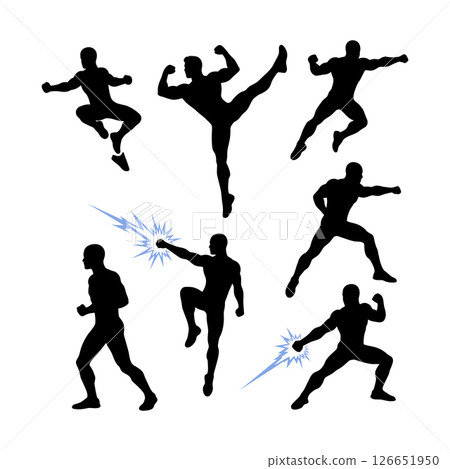 Martial arts silhouettes performing various fighting and kicking moves vector illustration 126651950