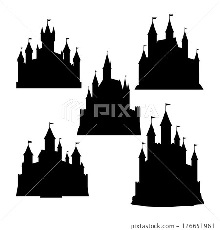 Castle silhouettes collection with multiple turrets and flags vector illustration set Castle silhouettes collection with multiple turrets and flags vector illustration set 126651961