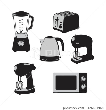 Kitchen appliances blender toaster electric kettle mixer microwave set vector illustration 126651968