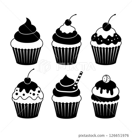 Cupcakes with various toppings cherries and cream vector illustration in black and white Cupcakes with various toppings cherries and cream vector illustration in black and white 126651976