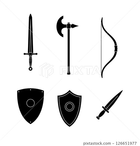 Medieval weapons sword axe bow shields and dagger black silhouette vector illustration Medieval weapons sword axe bow shields and dagger black silhouette vector illustration 126651977