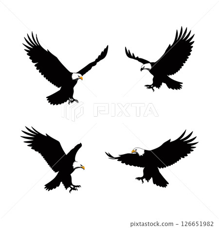 Bald eagle flying silhouette vector set with spread wings in various attack poses 126651982